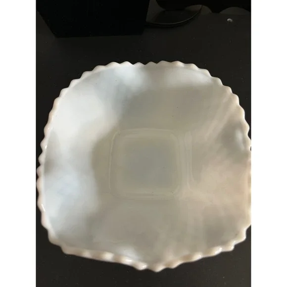 Milk Glass Bowl White Vintage Hobnail Ruffled Edge Square Base Collectible 5in - Picture 7 of 8